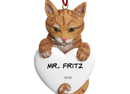 Personalized orange tabby cat heart Christmas ornament with custom cat name and year featuring an orange tabby cat peeking over a white heart.