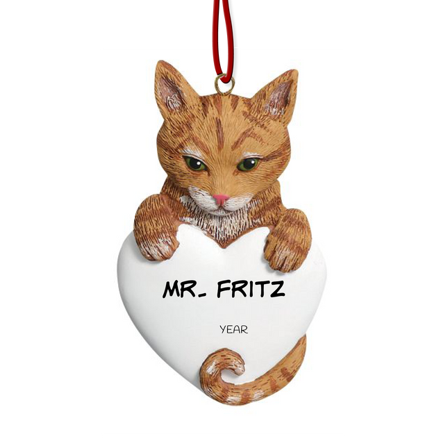 Personalized orange tabby cat heart Christmas ornament with custom cat name and year featuring an orange tabby cat peeking over a white heart.