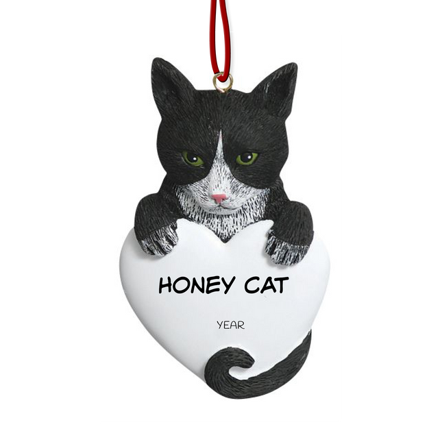 Personalized black and white tuxedo cat heart Christmas ornament with custom cat name and year featuring a tuxedo cat peeking over a white heart.