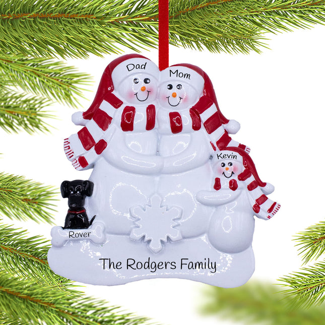 Snowman Family With A Black Dog Personalized Ornament