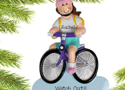 holiday personalized brunette bike riding girl christmas ornament – Christmas ornament, holiday tree decoration or gift