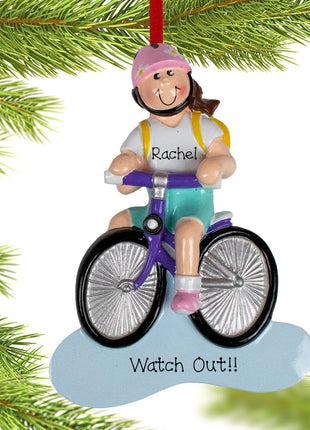 Brunette Bike Riding Girl Ornament  by RUDOLPH AND ME Ornament
