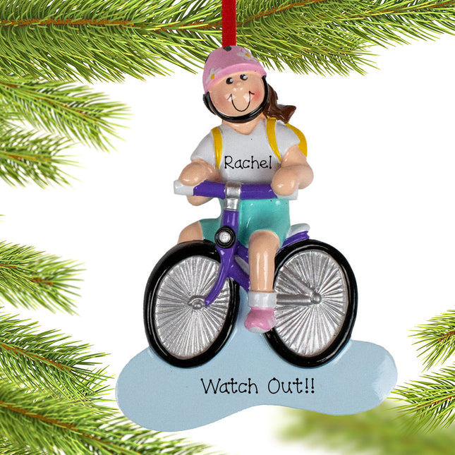holiday personalized brunette bike riding girl christmas ornament – Christmas ornament, holiday tree decoration or gift