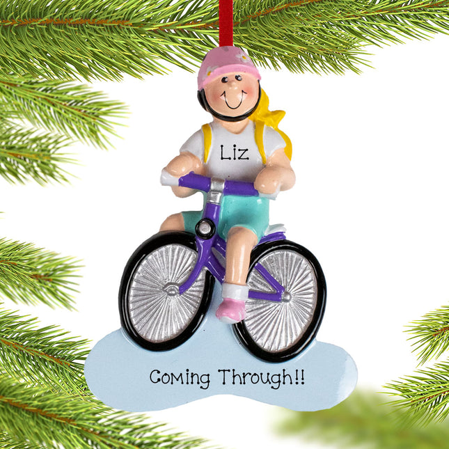 decorative personalized blonde bike riding girl christmas ornament – Christmas ornament, holiday tree decoration or gift