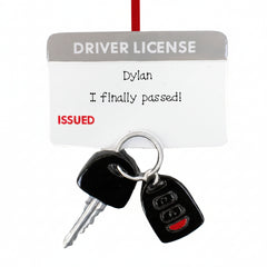 Personalized driver's license ornament with car keys and custom name
