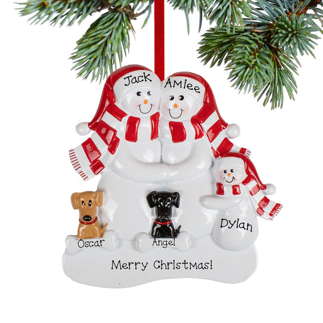 Snowman Family With A Brown And Black Dog Personalized Ornament