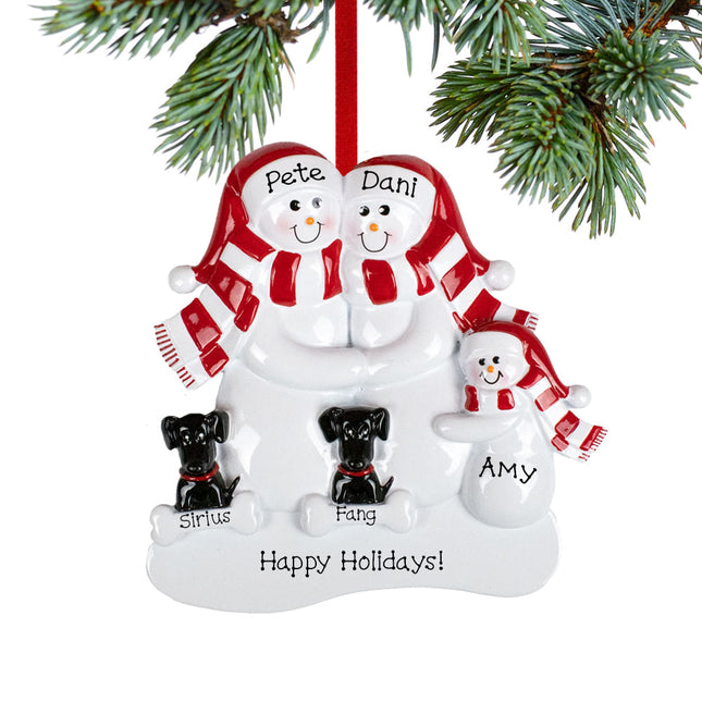 Snowman Family With Two Black Dogs Personalized Ornament