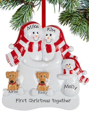 Snowman Family of 3 with 2 Brown Dogs Ornament  by RUDOLPH AND ME Ornament