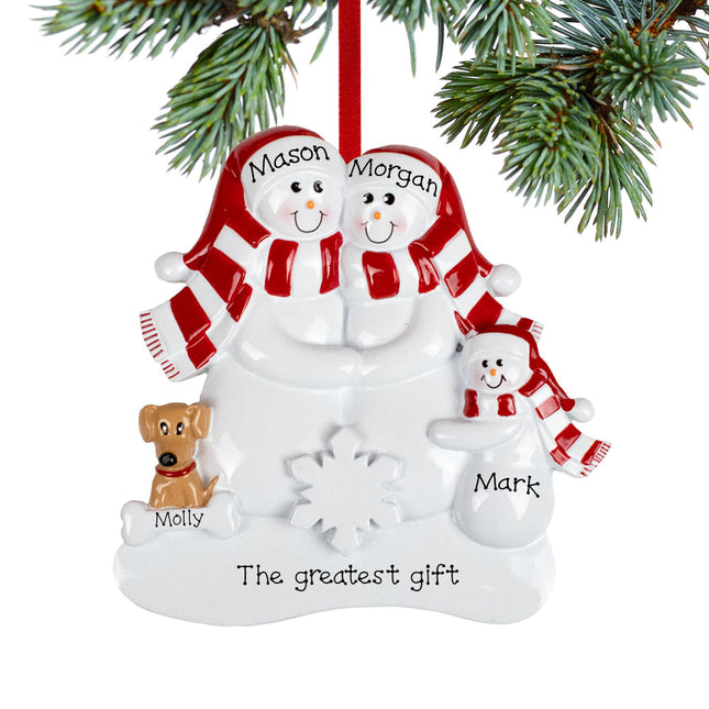 Snowman Family With A Brown Dog Personalized Ornament