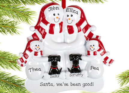 decorative personalized snowman family of 3 with 2 black dogs christmas ornament – Christmas ornament, holiday tree decoratio