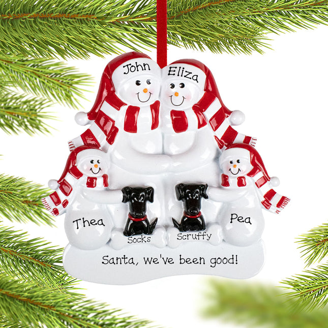 Snowman Family With Two Black Dogs Personalized Ornament
