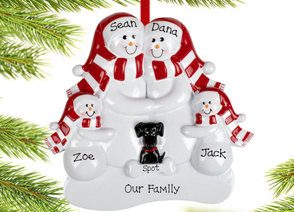 custom personalized snowman family of 3 with a black dog christmas ornament – Christmas ornament, holiday tree decoration or 
