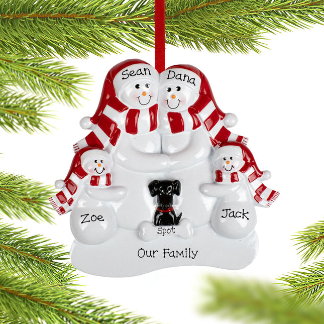 Snowman Family With A Black Dog Personalized Ornament