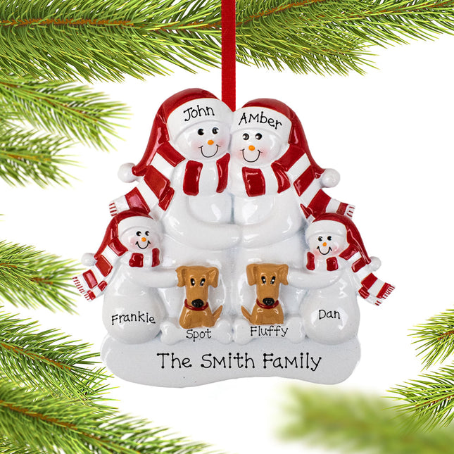 Snowman Family With Two Brown Dogs Personalized Ornament