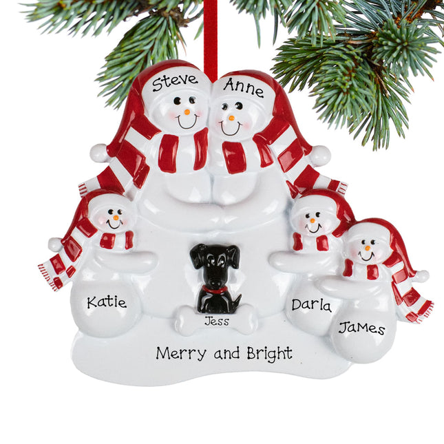 Snowman Family With A Brown And Black Dog Personalized Ornament