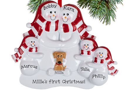 holiday personalized snowman family of 5 with 1 brown dog christmas ornament – Christmas ornament, holiday tree decoration or