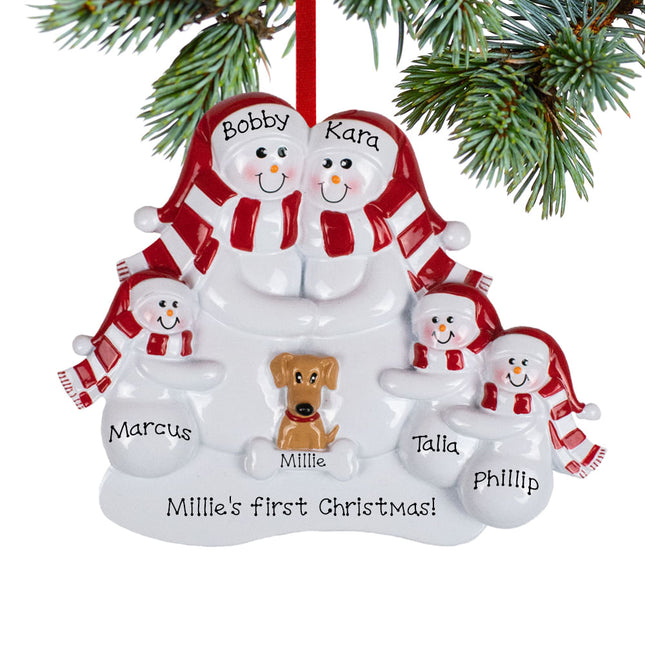 Snowman Family With A Brown Dog Personalized Ornament