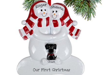 holiday personalized snowman family of 4 with 1 black dog christmas ornament – Christmas ornament, holiday tree decoration or