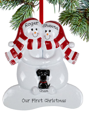 Snowman Couple with 1 Black Dog Ornament  by RUDOLPH AND ME Ornament