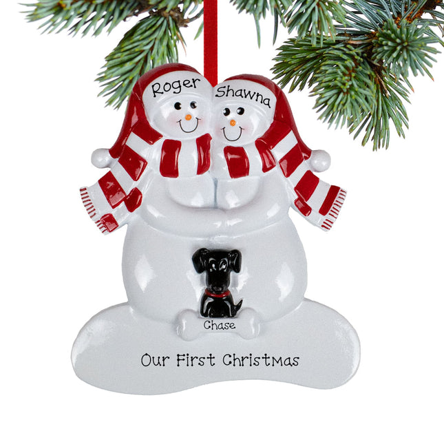 holiday personalized snowman family of 4 with 1 black dog christmas ornament – Christmas ornament, holiday tree decoration or