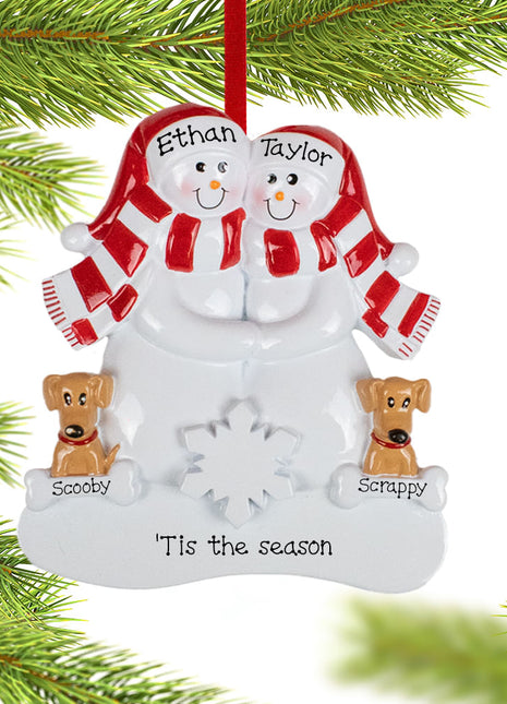 Snowman Couple with 2 Brown Dogs Ornament  by RUDOLPH AND ME Ornament