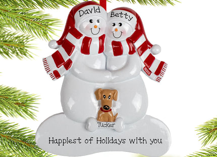 custom personalized snowman family of 4 with 1 brown dog christmas ornament – Christmas ornament, holiday tree decoration or 