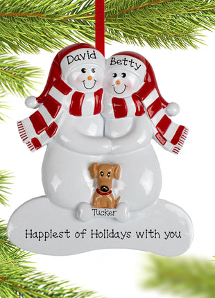 Snowman Couple with 1 Brown Dog Ornament  by RUDOLPH AND ME Ornament