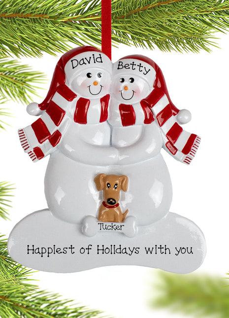 Snowman Couple with 1 Brown Dog Ornament  by RUDOLPH AND ME Ornament