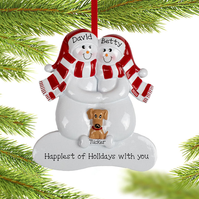 custom personalized snowman family of 4 with 1 brown dog christmas ornament – Christmas ornament, holiday tree decoration or 