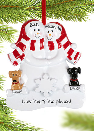 Snowman Couple with 1 Brown and 1 Black Dog Ornament  by RUDOLPH AND ME Ornament