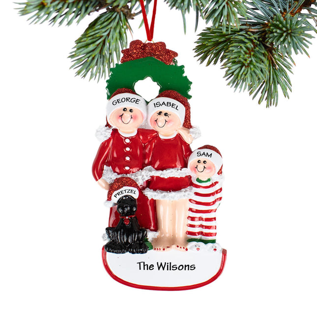 Christmas Eve Family With Black Dog Personalized Ornament - 3, 4, 5, 6 Family Members
