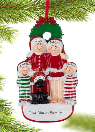 Christmas Eve Family Of 4 With Black Dog Ornament  by RUDOLPH AND ME Ornament