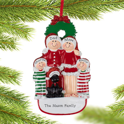 holiday personalized christmas eve family of 4 with black dog christmas ornament – Christmas ornament, holiday tree decoratio