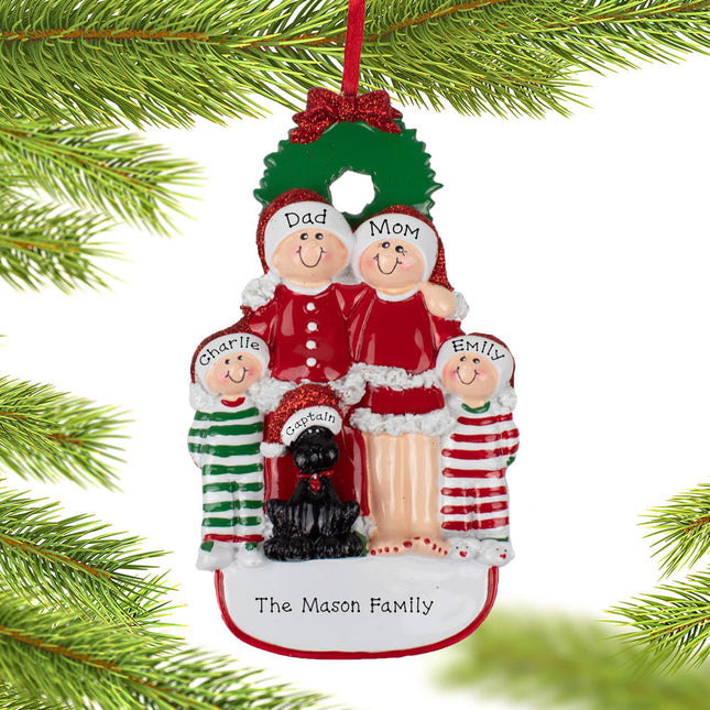 Christmas Eve Family With Black Dog Personalized Ornament - 3, 4, 5, 6 Family Members