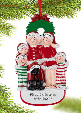 Christmas Eve Family Of 5 With Black Dog Ornament  by RUDOLPH AND ME Ornament