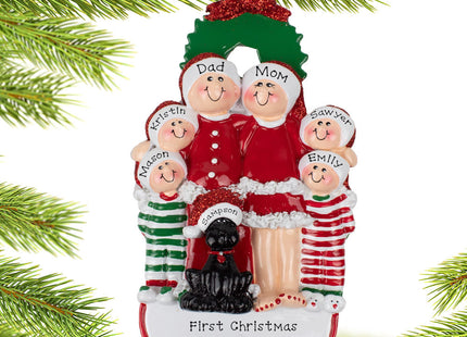 personalized personalized christmas eve family of 6 with black dog christmas ornament – Christmas ornament, holiday tree deco