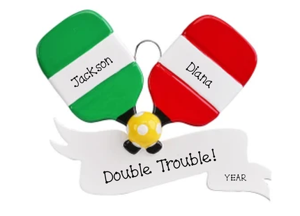 Personalized pickleball doubles ornament with crossed green and red paddles, two names, yellow ball and custom banner