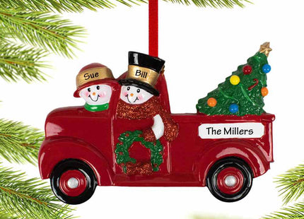engraved personalized vintage red truck snowman couple christmas ornament – Christmas ornament, holiday tree decoration or gi