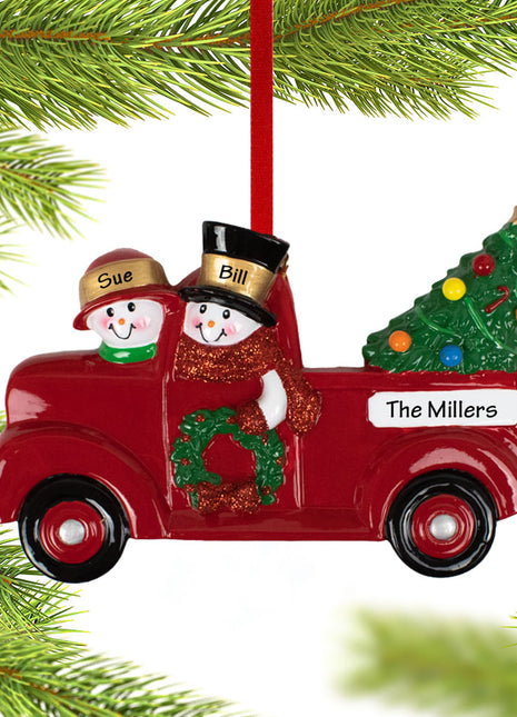 Vintage Red Truck Snowman Couple Ornament  by RUDOLPH AND ME Ornament