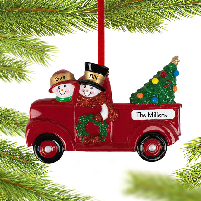 Vintage Red Truck Snowman Family Personalized Ornament - 2, 3, 4, 5, 6 Family Members