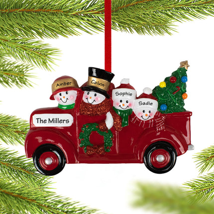 Vintage Red Truck Snowman Family Personalized Ornament - 2, 3, 4, 5, 6 Family Members