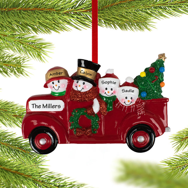Vintage Red Truck Snowman Family Personalized Ornament - 2, 3, 4, 5, 6 Family Members
