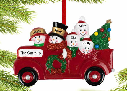 personalized personalized vintage red truck snowman family of 4 christmas ornament – Christmas ornament, holiday tree decorat