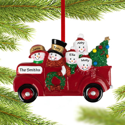 Vintage Red Truck Snowman Family Personalized Ornament - 2, 3, 4, 5, 6 Family Members