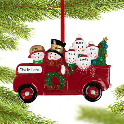 Vintage Red Truck Snowman Family Personalized Ornament - 2, 3, 4, 5, 6 Family Members