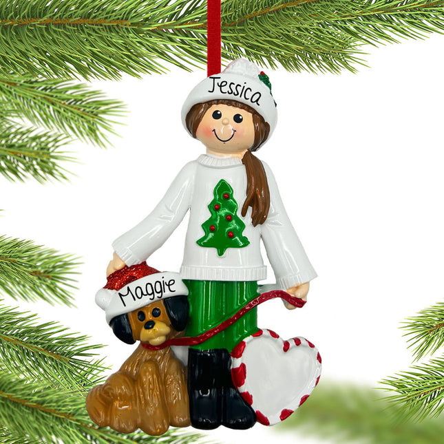 custom personalized female walking dog christmas ornament – Christmas ornament, holiday tree decoration or gift