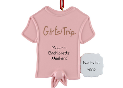 Personalized girls trip Christmas ornament with custom trip message, destination, and year