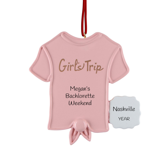 Personalized girls trip Christmas ornament with custom trip message, destination, and year