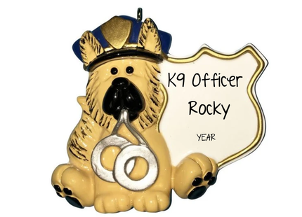 Personalized K9 police dog Christmas ornament with tan dog, police cap, handcuffs, badge, custom name and year