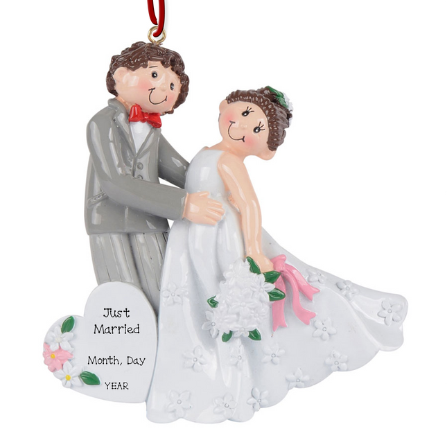 Personalized just married wedding Christmas ornament with custom wedding message and wedding date